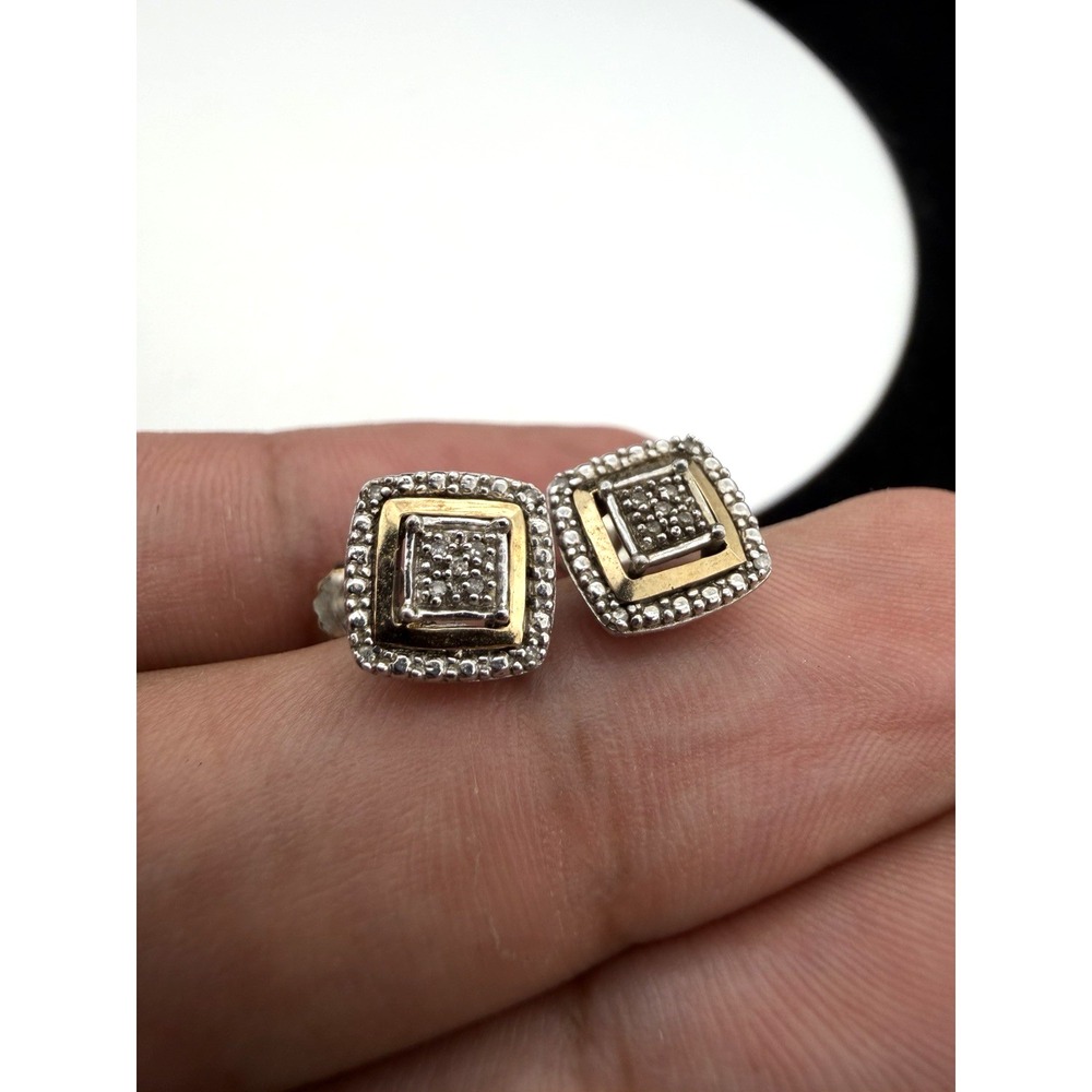 925 Sterling Silver And 14k Yellow Gold Diamond Square Stud Earrings